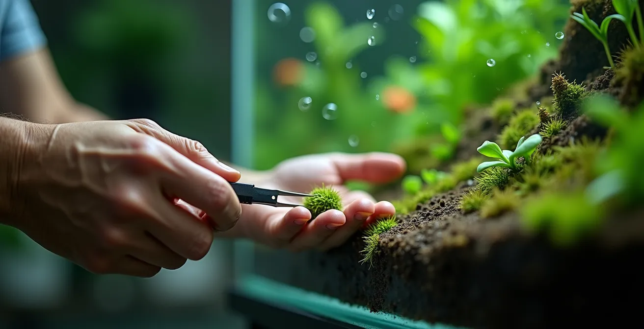 Mains d'aquariophile plantant délicatement des plantes in vitro dans un aquarium