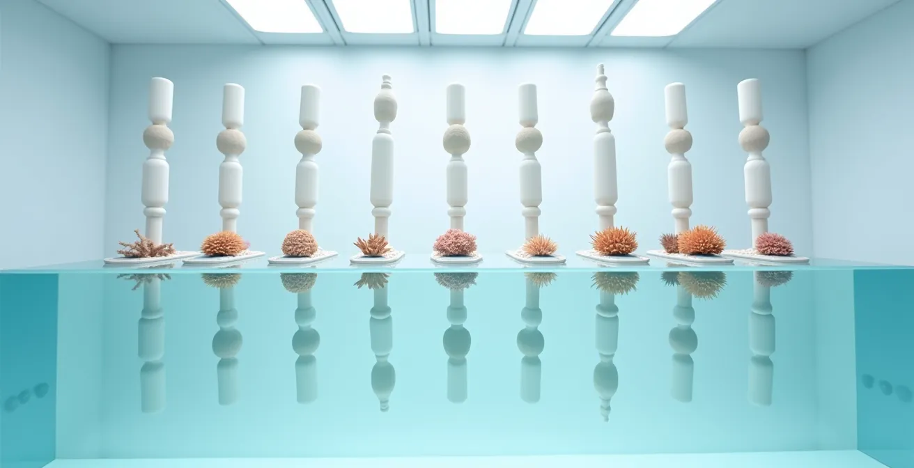 Vue environnementale d'un système de bouturage de coraux en aquarium de conservation