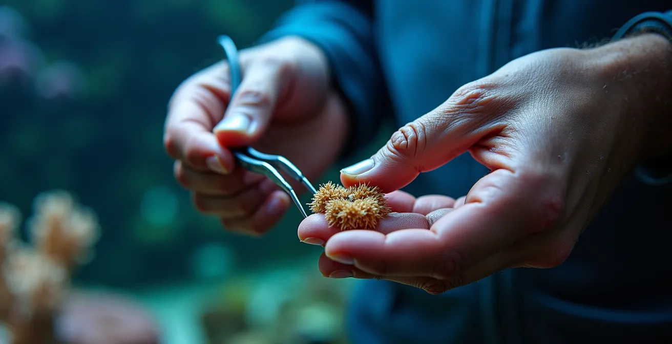 Gros plan sur des mains effectuant la maintenance technique d'un aquarium récifal