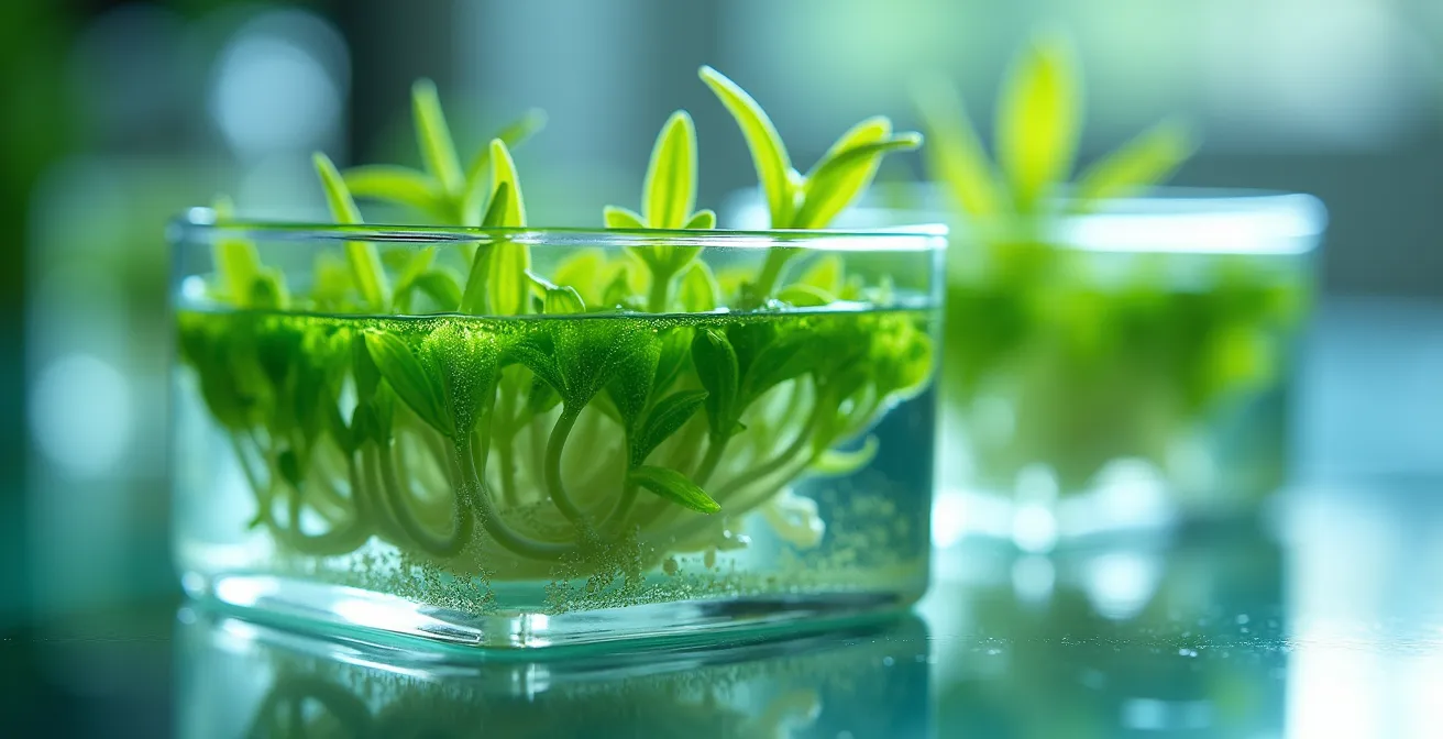 Détail macro d'une culture de plantes aquatiques in vitro en boîte de Petri