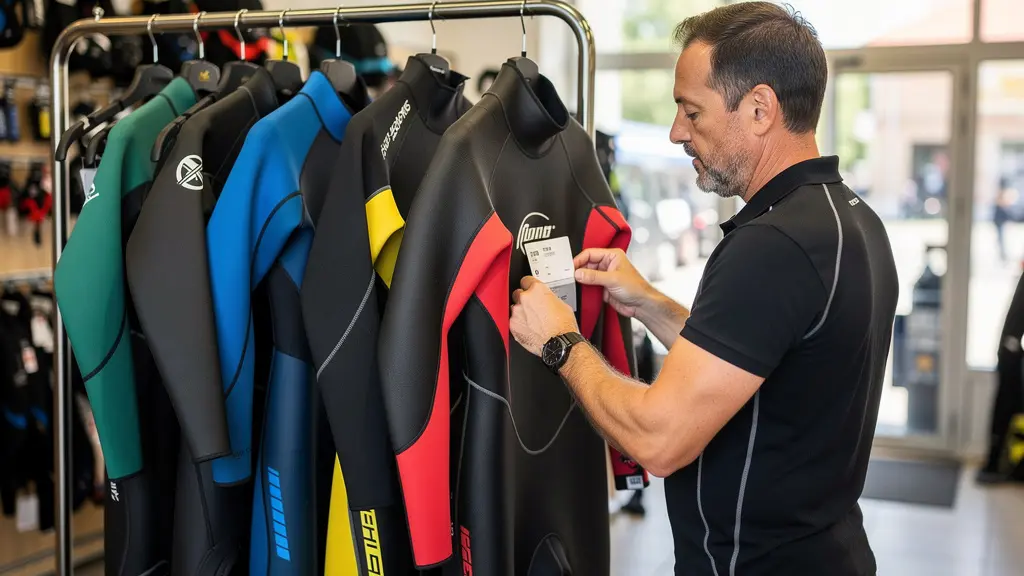 Combinaisons plongée suspendues sur portants avec indication tailles en magasin