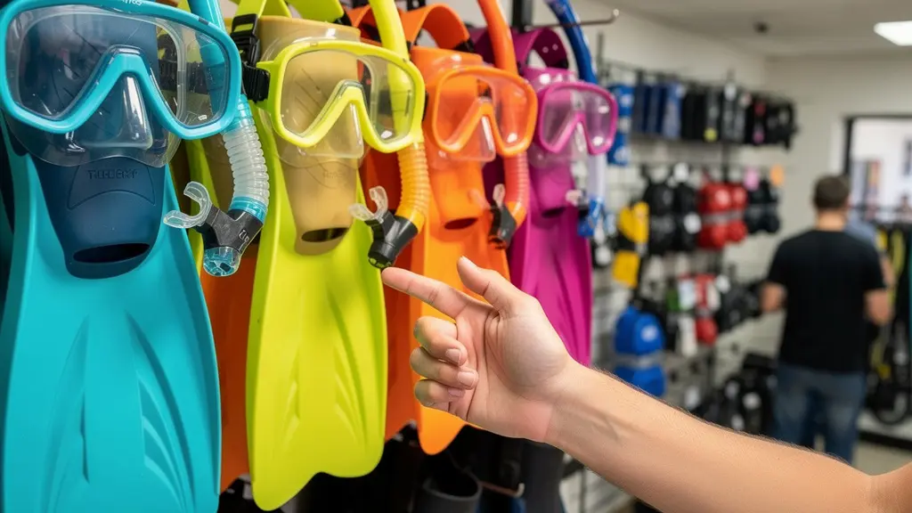 Rangée de palmes et masques plongée couleurs variées en magasin spécialisé