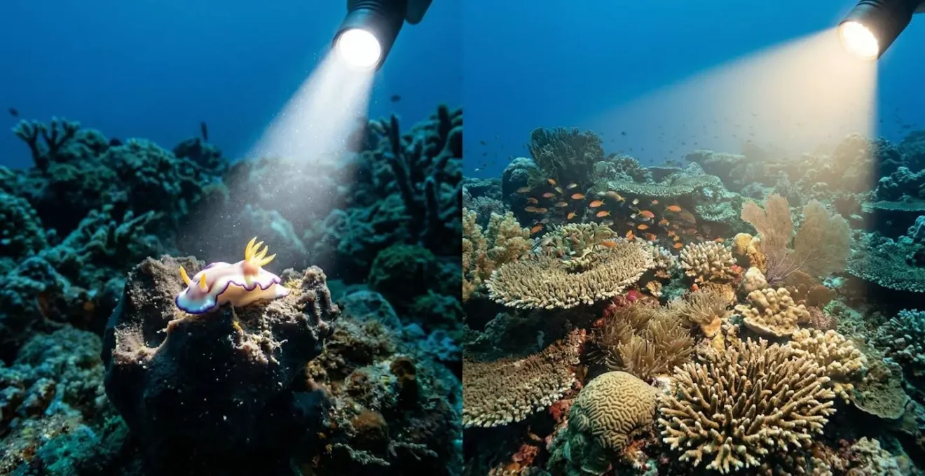 Démonstration des différences entre faisceau spot serré et faisceau flood large sous l'eau