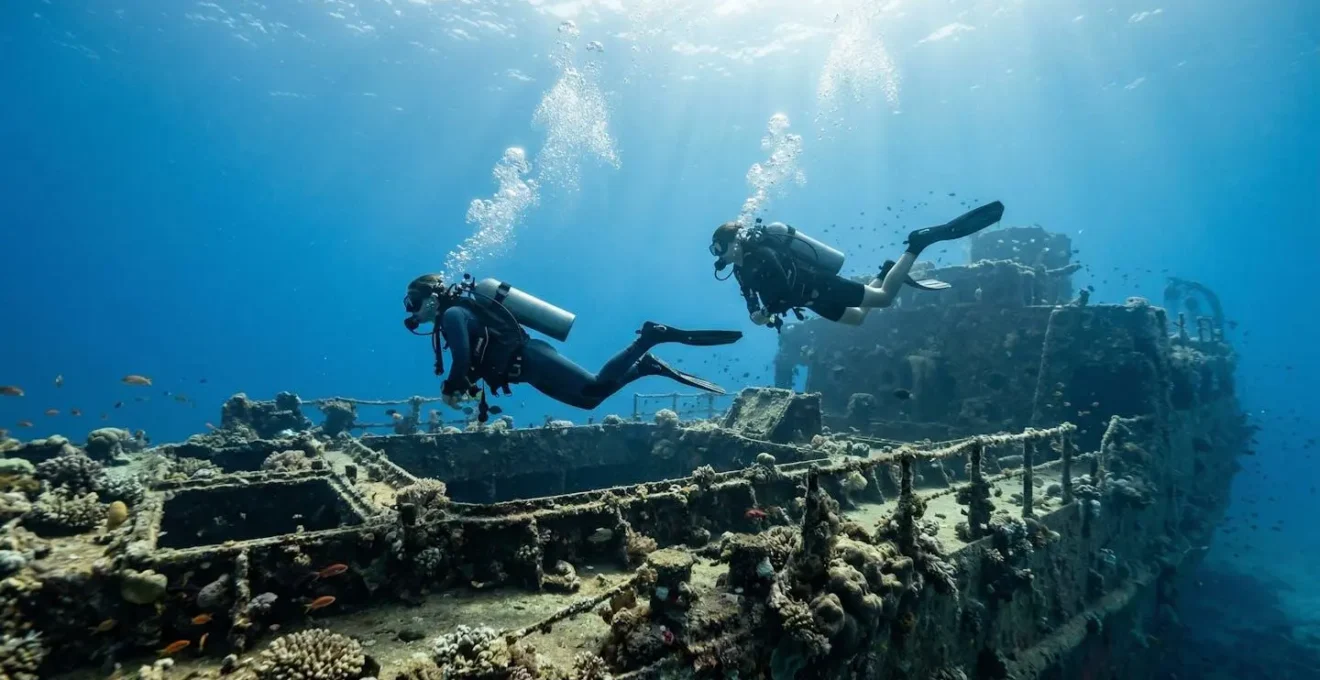 Deux plongeurs de profil progressent au-dessus d'une structure immergée, bulles montant vers la surface, lumière naturelle filtrée