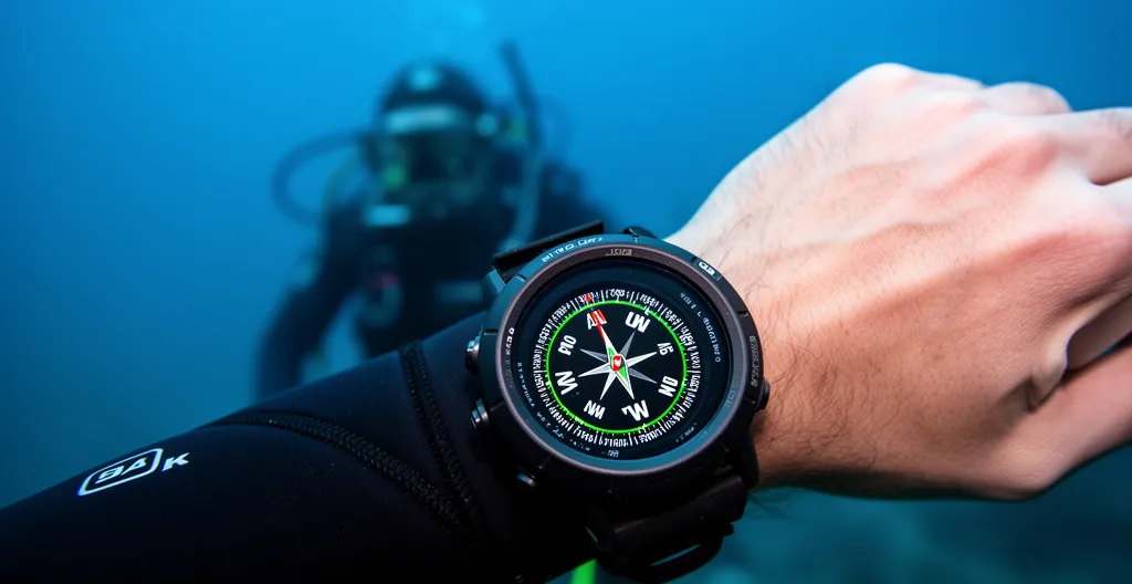 Écran d'ordinateur de plongée affichant fonction compas numérique avec cap magnétique