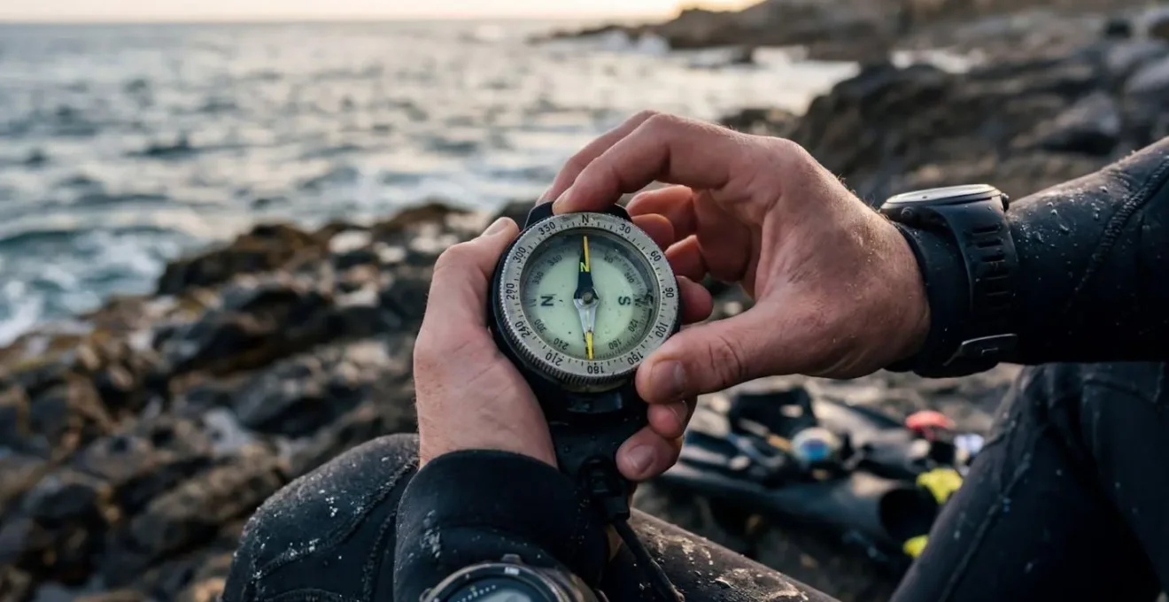 Mains d'un plongeur manipulant un compas analogique traditionnel sur fond de combinaison néoprène noire
