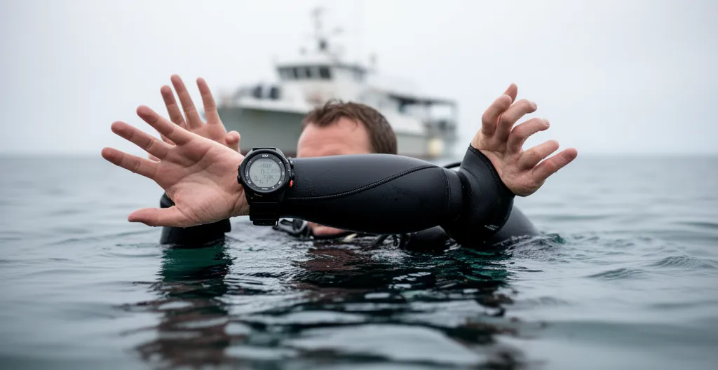 Plongeur effectuant la calibration du compas de son ordinateur en surface avant immersion