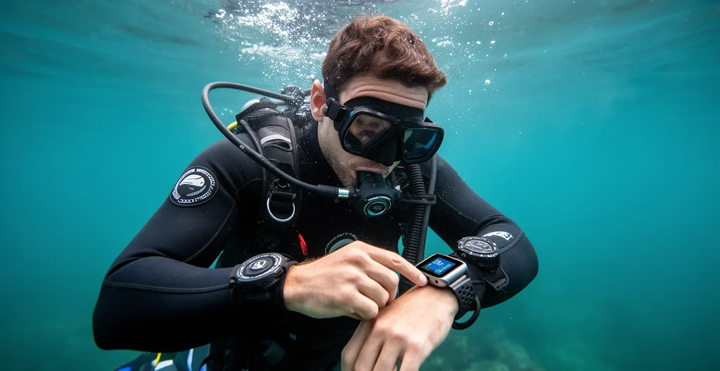 Plongeur vérifiant son cap de navigation sur ordinateur pendant une plongée sous-marine
