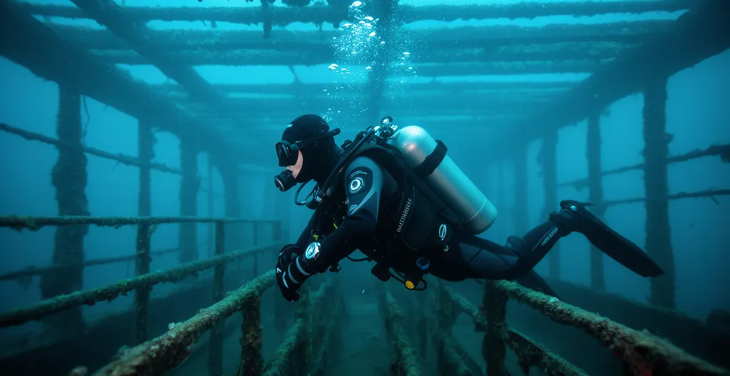 Plongeur progressant le long d'une épave sous-marine en navigation autonome