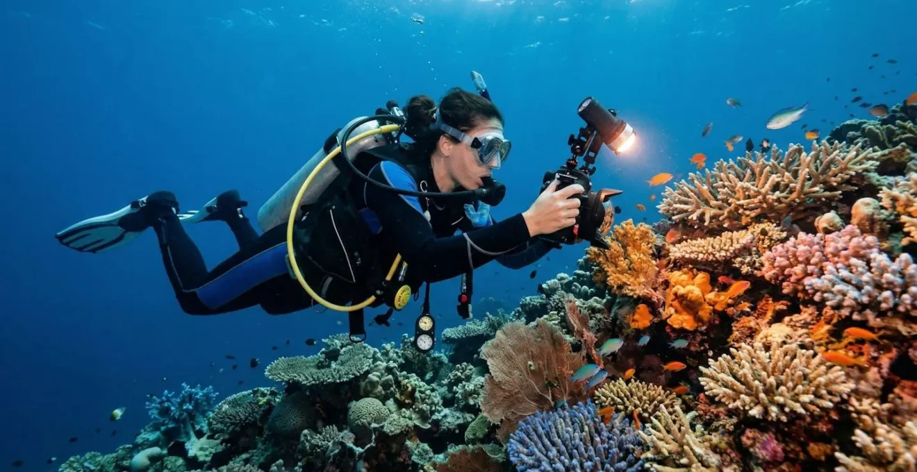 Photographe sous-marin éclairant un récif coloré avec phare vidéo