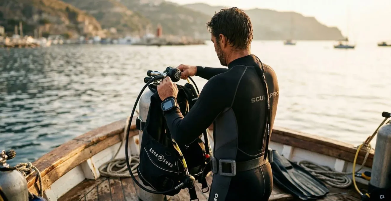 Un plongeur de dos prépare son équipement sur le pont d'un bateau, ordinateur de plongée visible au poignet, mer bleue en arrière-plan
