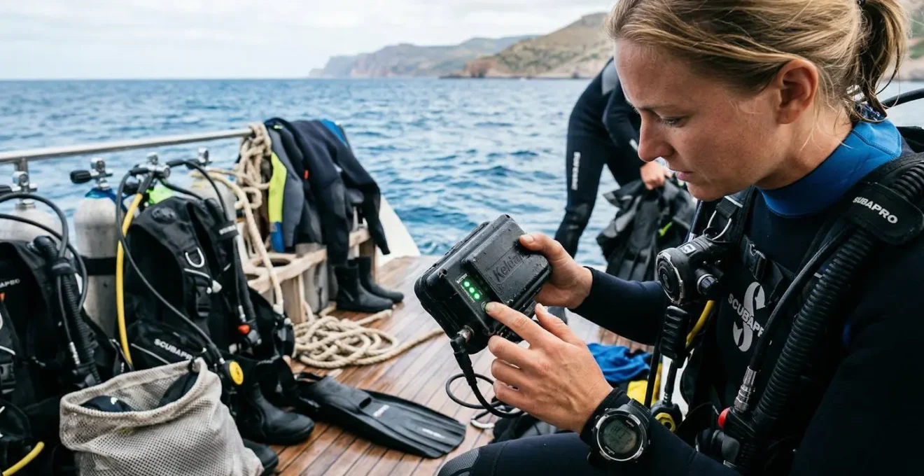 Plongeur vérifiant l'indicateur de batterie de son phare avant immersion