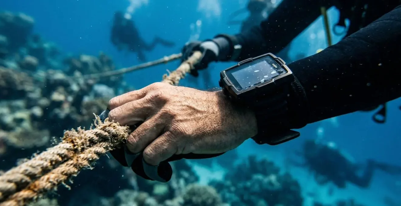 Gros plan sur un poignet équipé d'un ordinateur de plongée, main tenant une ligne de mouillage, fond marin flouté bleuté